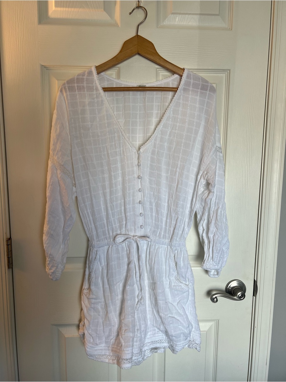 aerie White V-Neck Button Romper with Drawstring Waist